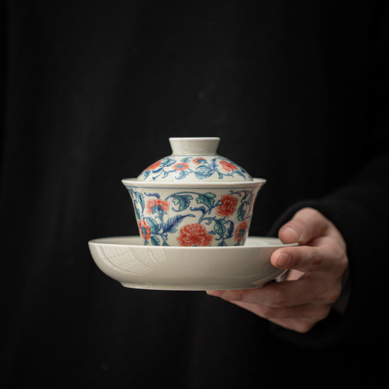 Thé Gaiwan- Porcelaine Bleue et Banche （Pivoine)