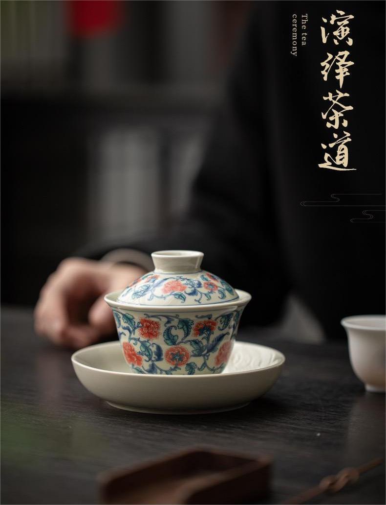 Thé Gaiwan- Porcelaine Bleue et Banche （Feur de Lotus)