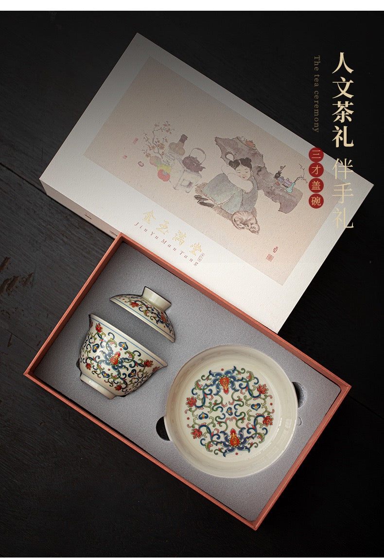 Thé Gaiwan- Porcelaine Bleue et Banche （Feur de Lotus)