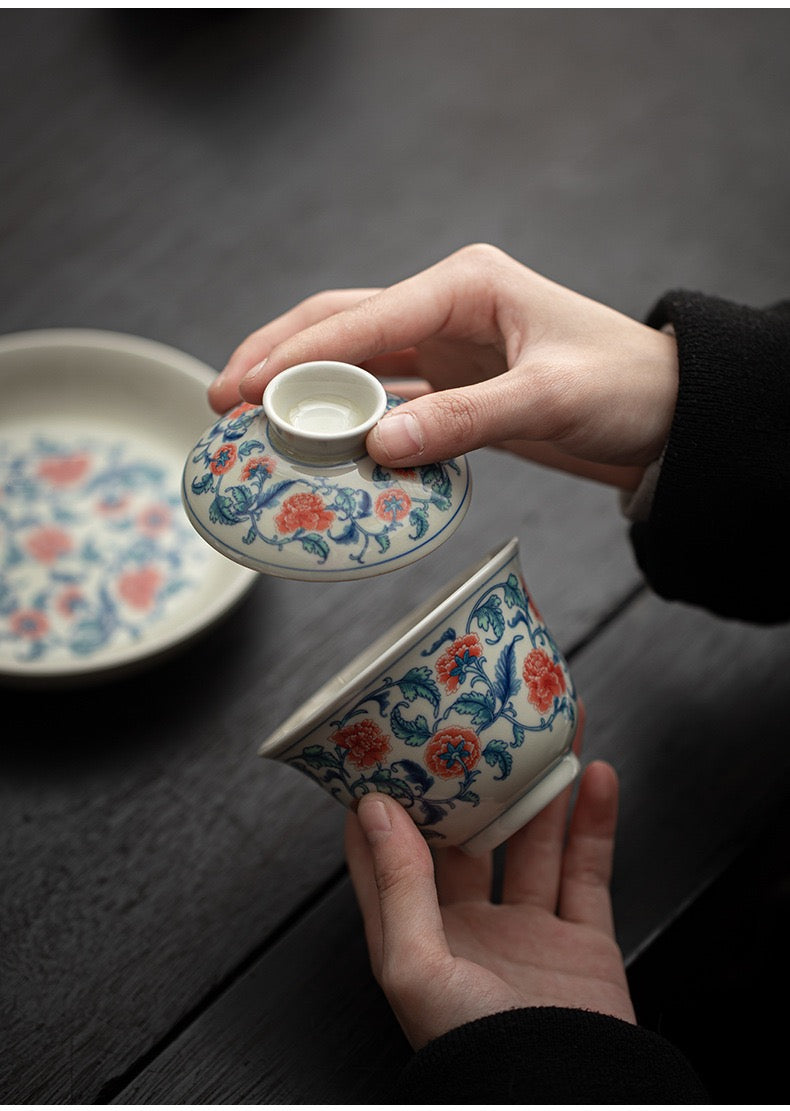 Thé Gaiwan- Porcelaine Bleue et Banche （Pivoine)